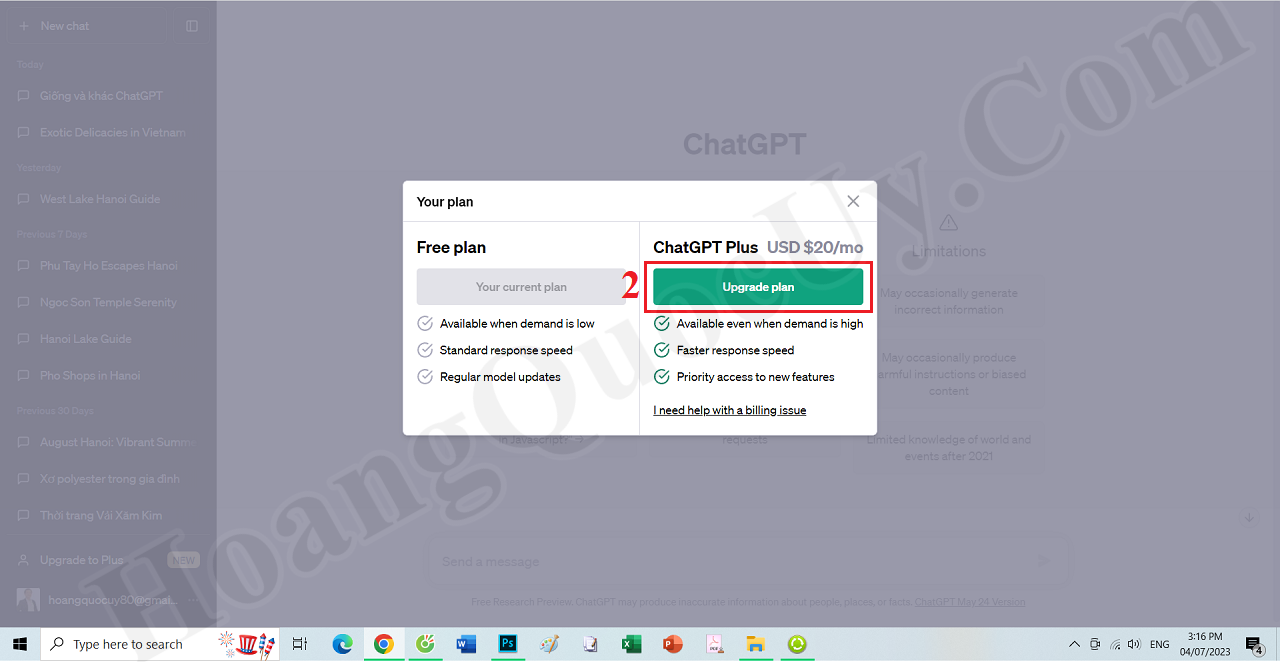Chọn gói ChatGPT Plus cần nâng cấp