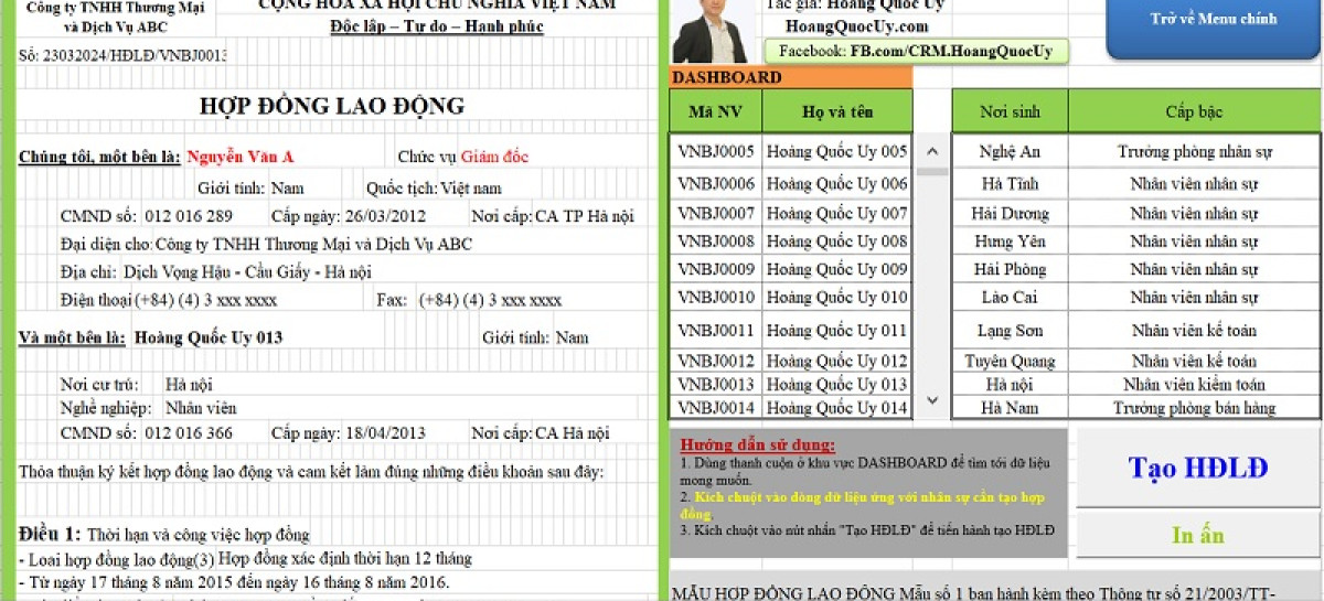 Tạo hợp đồng lao động tự động bằng Excel