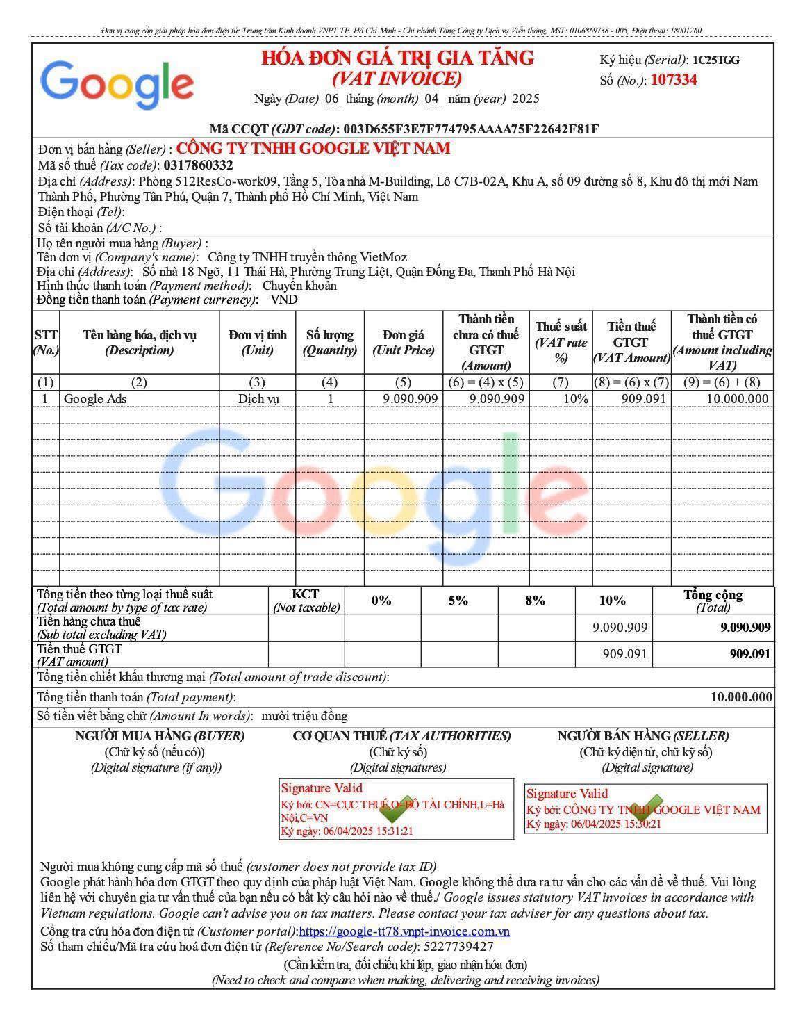 Hóa đơn VAT Quảng cáo do Google xuất cho đơn vị chạy quảng cáo